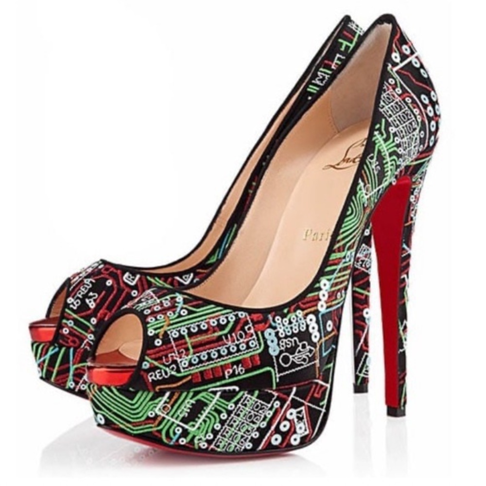 Christian louboutin embroidered peep toe platform pumps